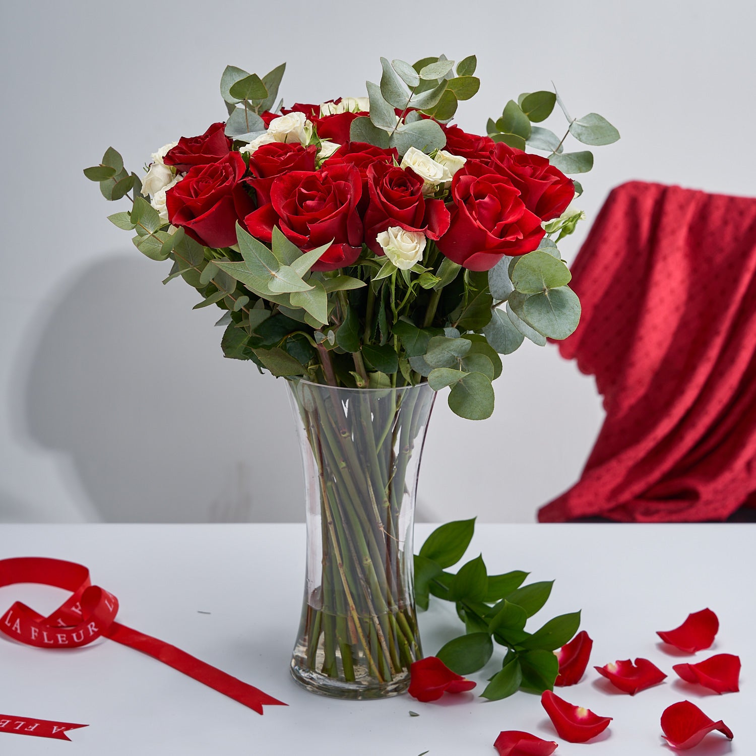"Regal Roses" Red & White Roses in a Vase