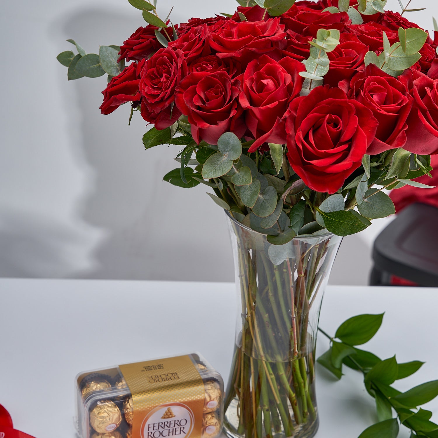 "Rose Radiant" Red Roses in a Vase + Ferrero Rocher Chocolates 16pcs