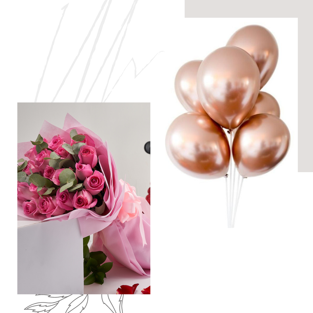 "Pink Perfection" Pink Roses Bouquet + Rose Gold Balloons