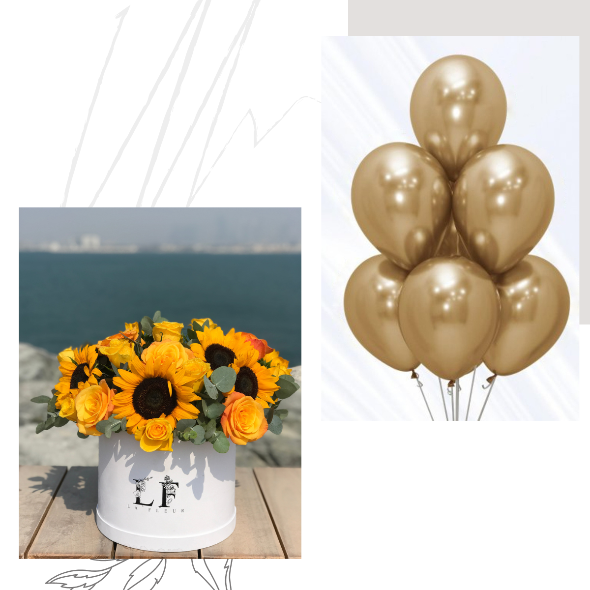 "Sunshine" Sunflowers & Roses in a Box + Golden Balloons