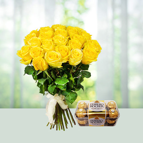 "Rosy Affair" Yellow Roses Bouquet + Ferrero Rocher Chocolates 16pcs