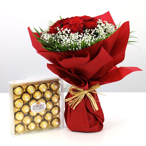 "Impressive Combo" 30 Red Roses + Ferrero Rocher Chocolates 24pcs