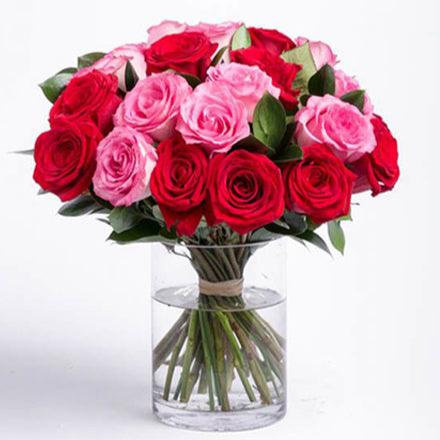 "Colorful Spring" 36 Red & Pink Roses in a Vase
