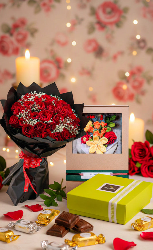 The Signature Bloom Trio - Roses, Crochet Flowers & Chocolate