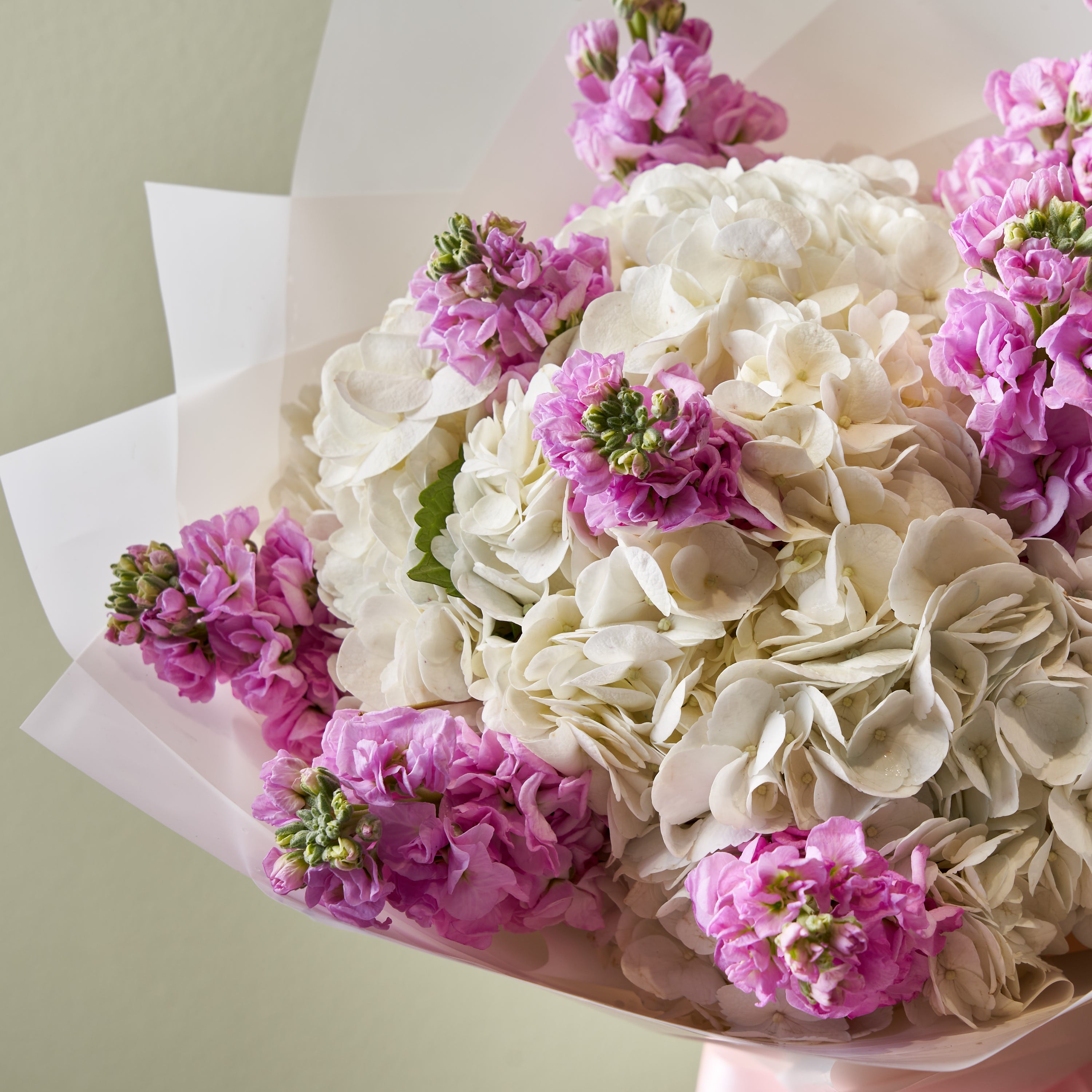 BOUQUET OF 5 STEMS HYDRANGEA &amp; 10 STEMS MATTHIOLA PINK 