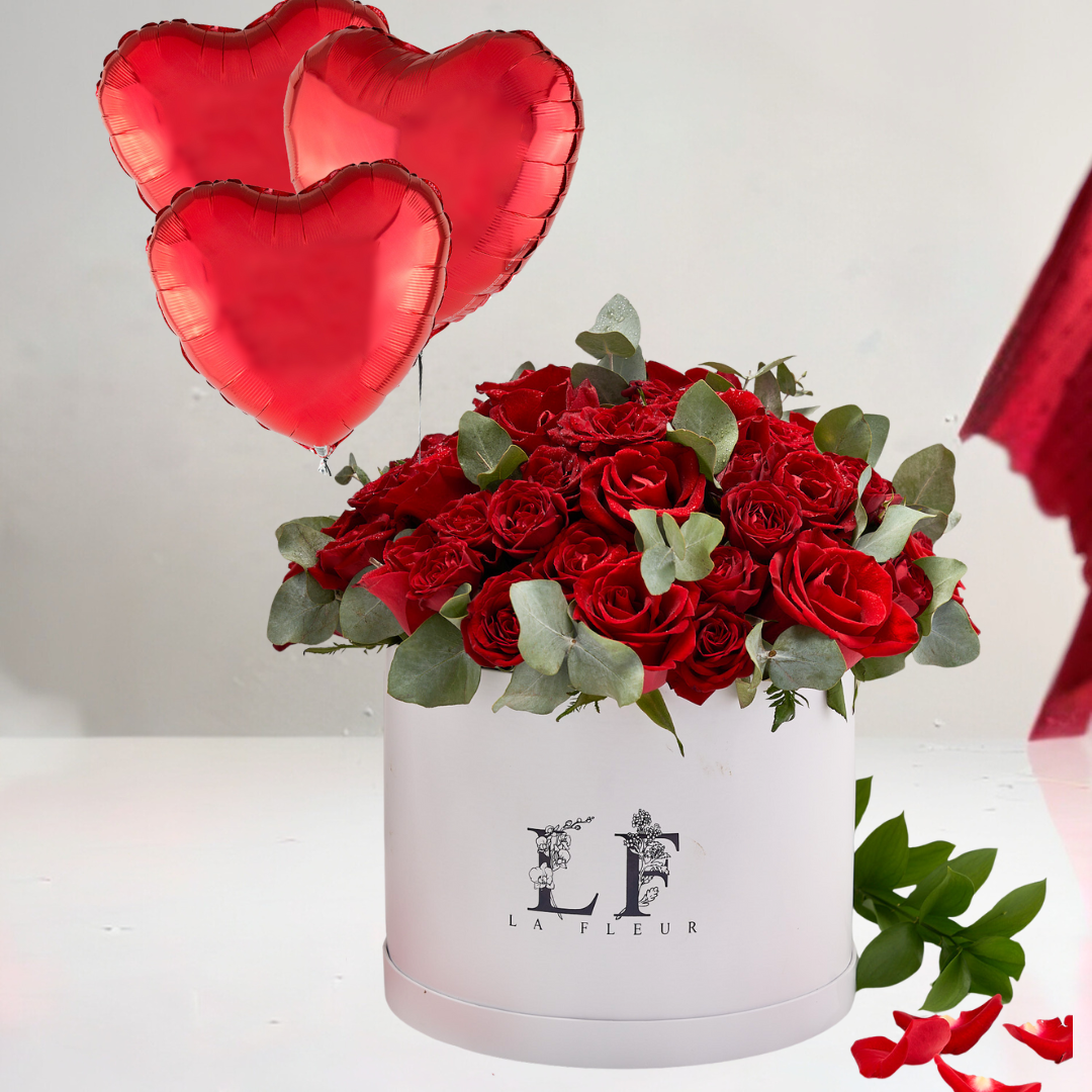 "Happy Valentines" Roses in a Box + Heart Balloons