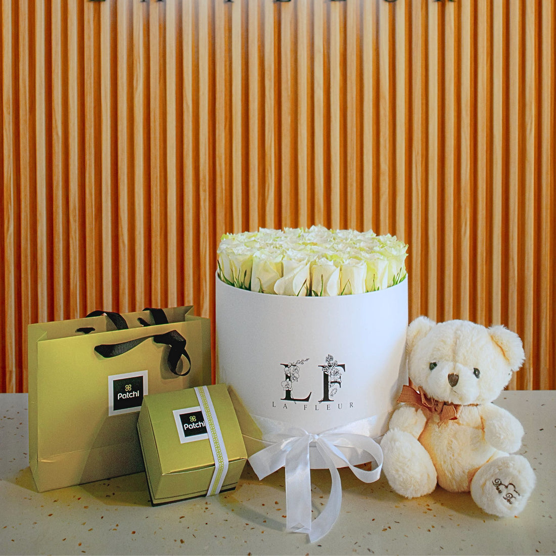 "Allure" White Roses, Patchi Chocolates & Teddy