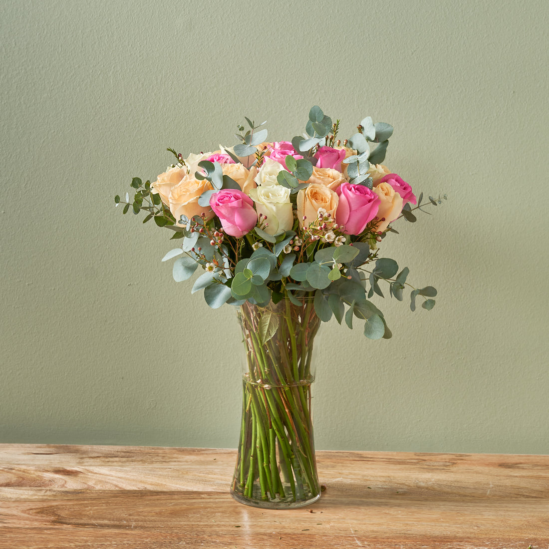 &quot;Petal Path&quot; Peach, Pink &amp; White Roses in a Vase