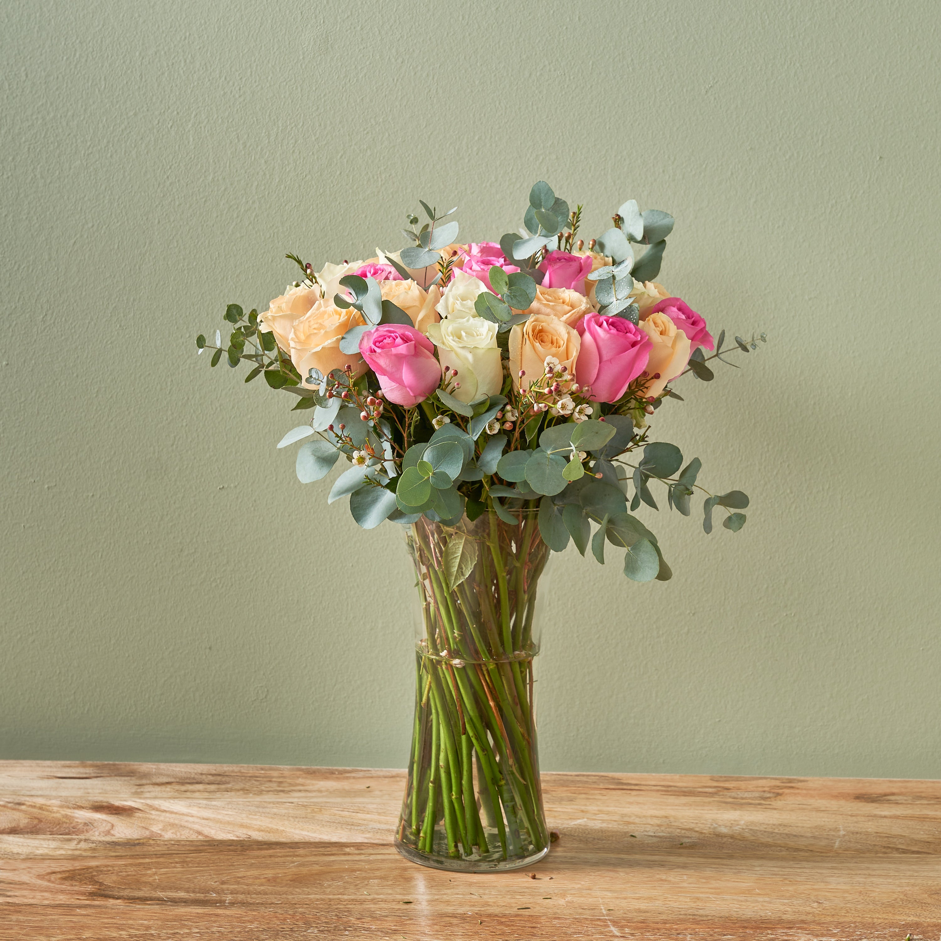 &quot;Petal Path&quot; Peach, Pink &amp; White Roses in a Vase