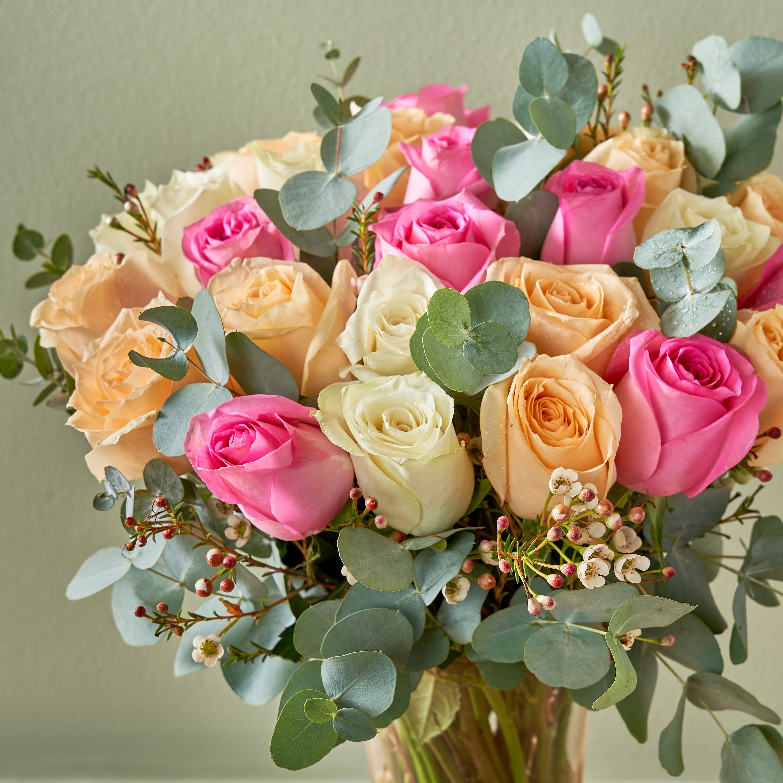 &quot;Petal Path&quot; Peach, Pink &amp; White Roses in a Vase