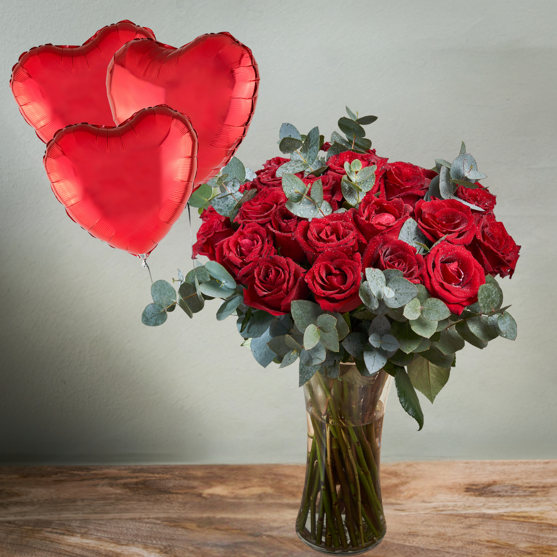 Red Roses Bouquet + Heart Balloons