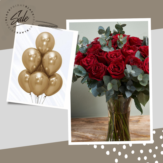 Roses in a Vase With Golden Balloons