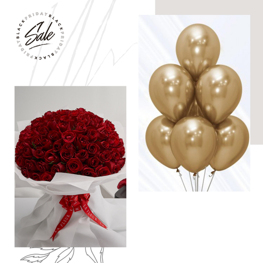 100 Red Roses Bouquet With Golden Balloons