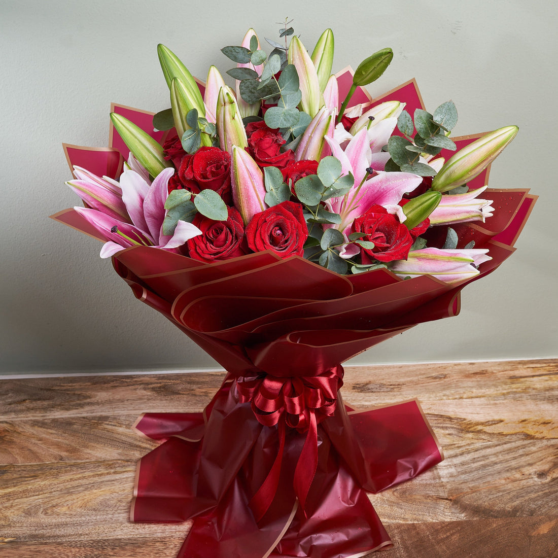 &quot;Loving Thoughts&quot; Pink Lilies &amp; Red Roses Bouquet