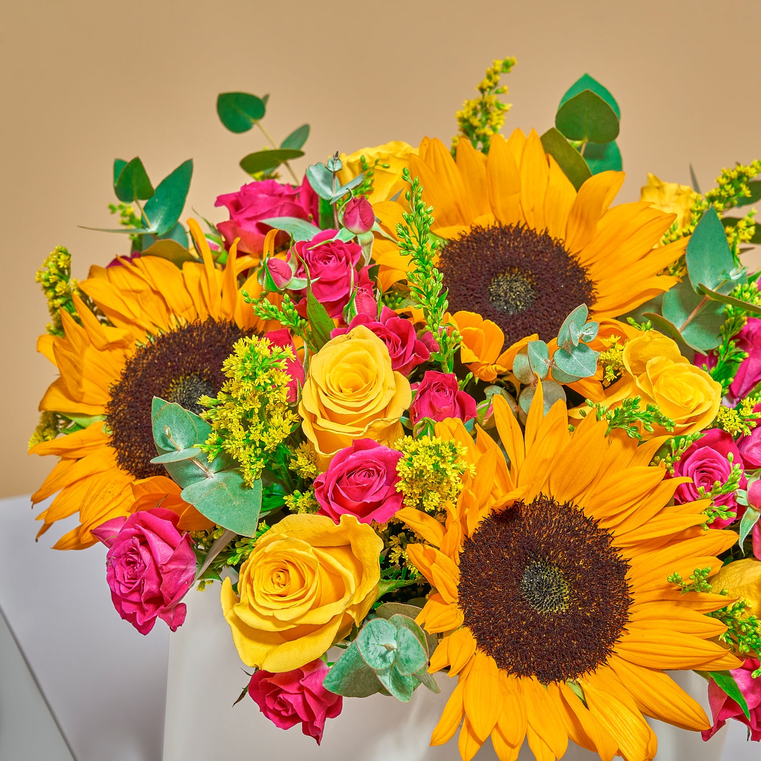 &quot;Meadow fresh&quot; Sunflowers, Roses &amp; Solidago Flower Box
