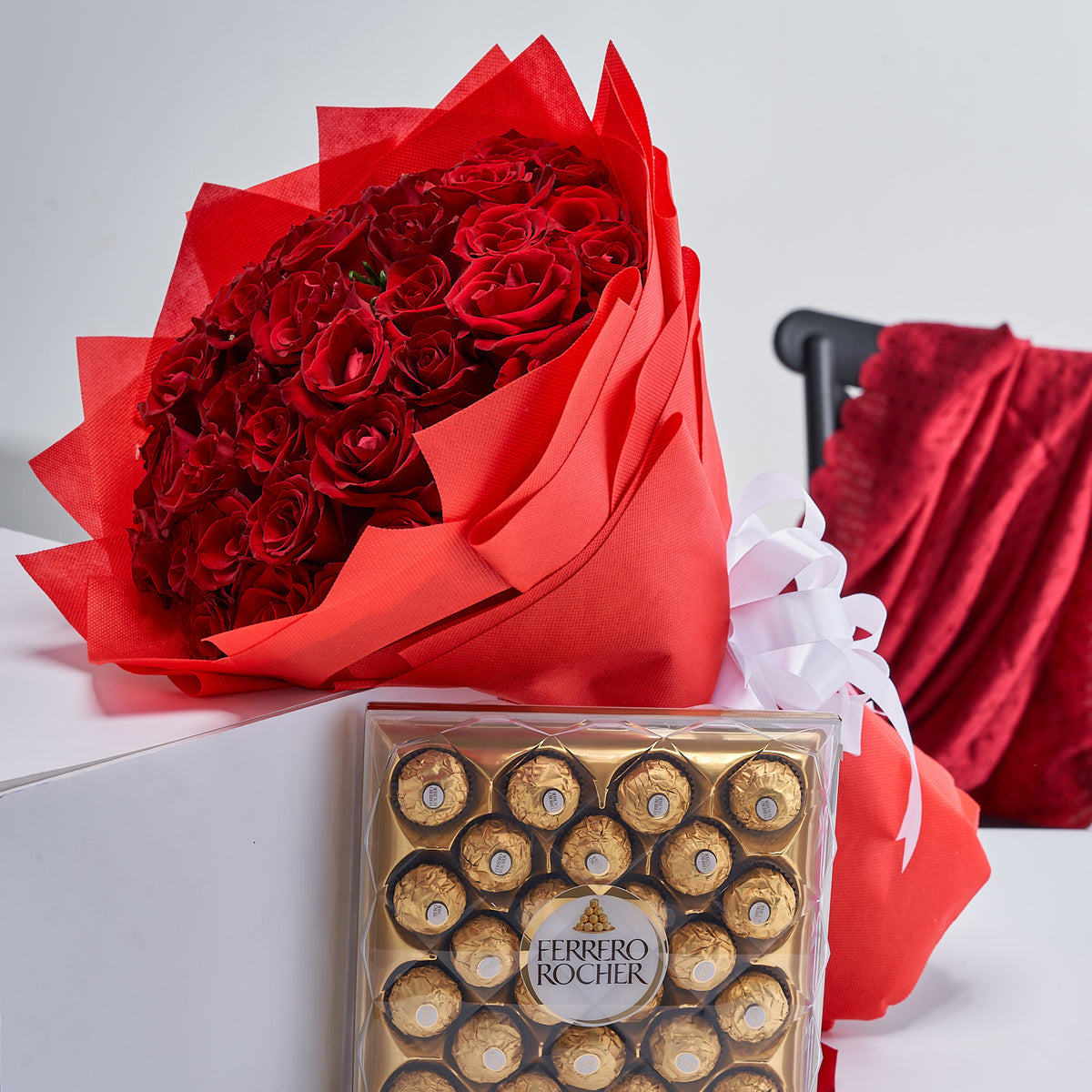 40 Red Roses Bouquet & Ferrero Rocher Chocolates 24 pcs