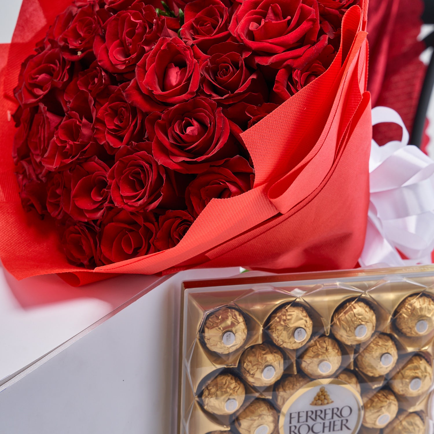 40 Red Roses Bouquet &amp; Ferrero Rocher Chocolates 24 pcs