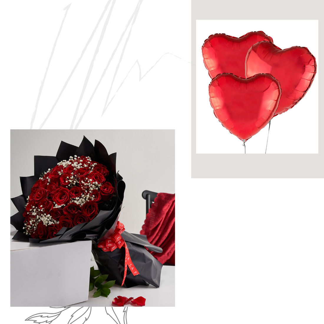 &quot;Moments&quot; Red Roses Bouquet + Heart Balloons