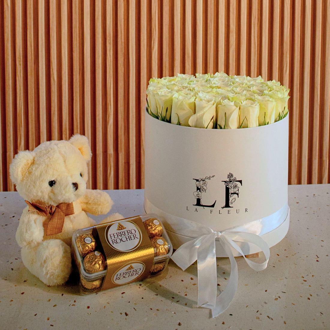 &quot;Splendor&quot; Teddy, Ferrero Rocher &amp; White Roses Flower Box
