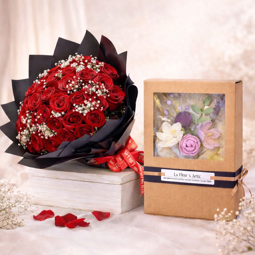 The Everlasting Love Pair - Red Roses & Crochet Flowers