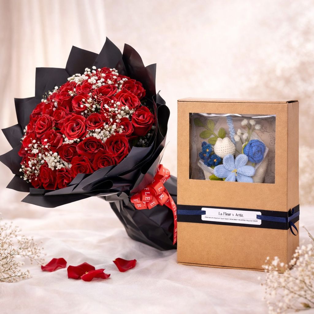 The Everlasting Love Pair - Red Roses & Crochet Flowers