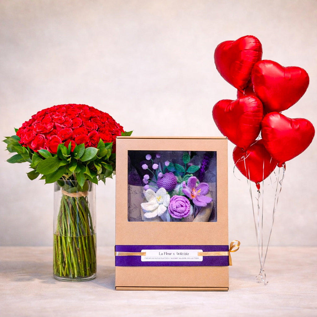 Petal Pop Combo - Roses, Crochet Flowers & Heart Balloons