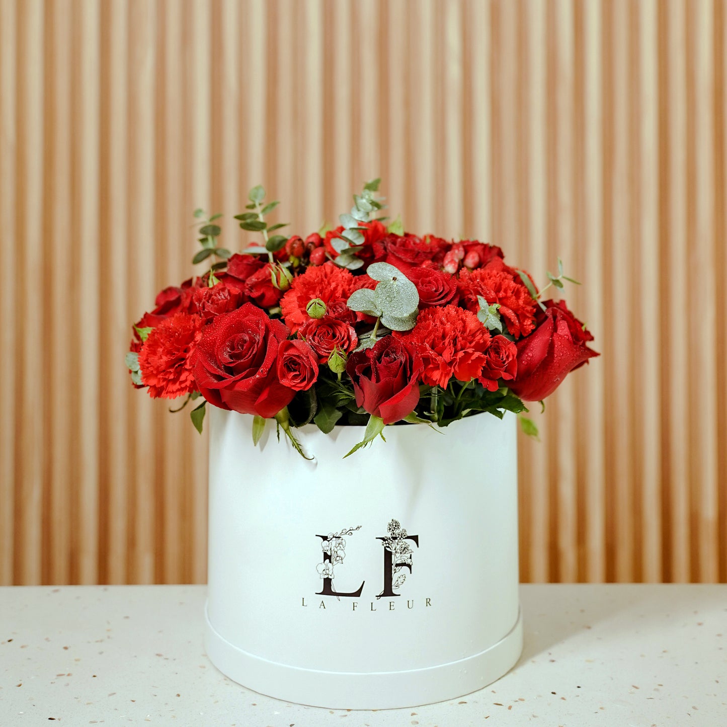 "Candy Cane" Red Roses & Eucalyptus Flower Box