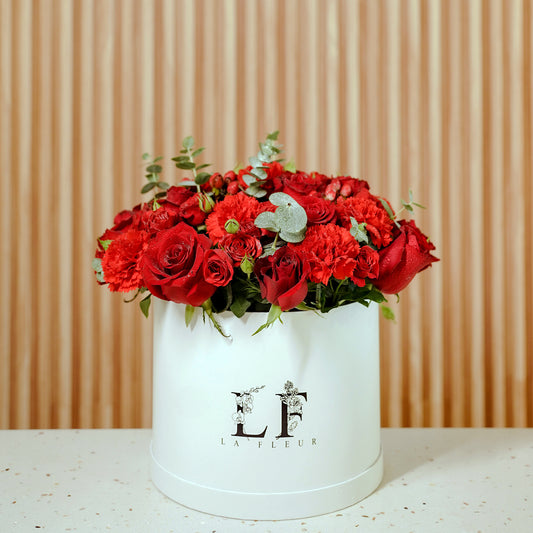 "Candy Cane" Red Roses & Eucalyptus Flower Box