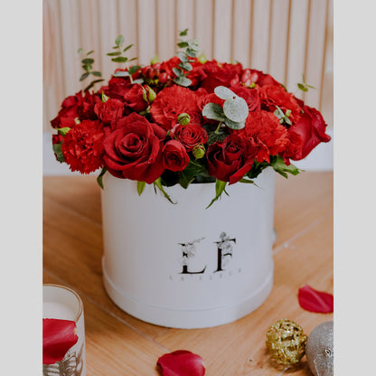 "Candy Cane" Red Roses & Eucalyptus Flower Box