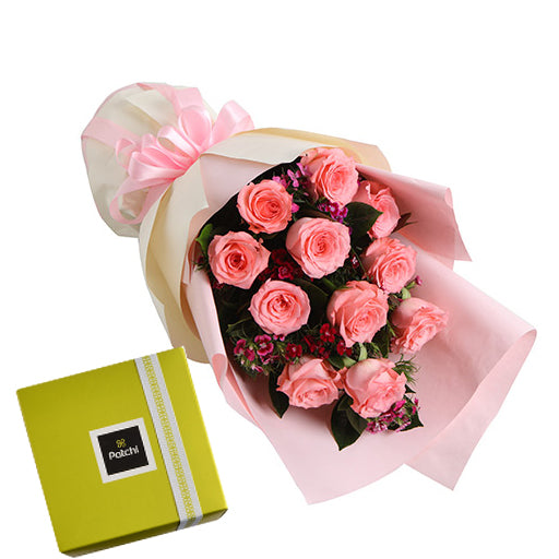 Pink Roses Bouquet &amp; Patchi Chocolates 250g